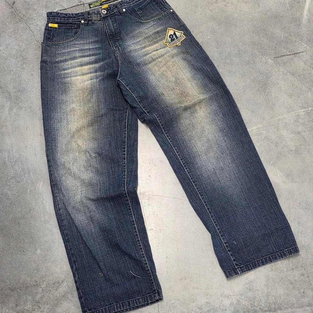 Vintage 90s 00s Southpole Bamboo Weave blue jeans with green stitching Size 34